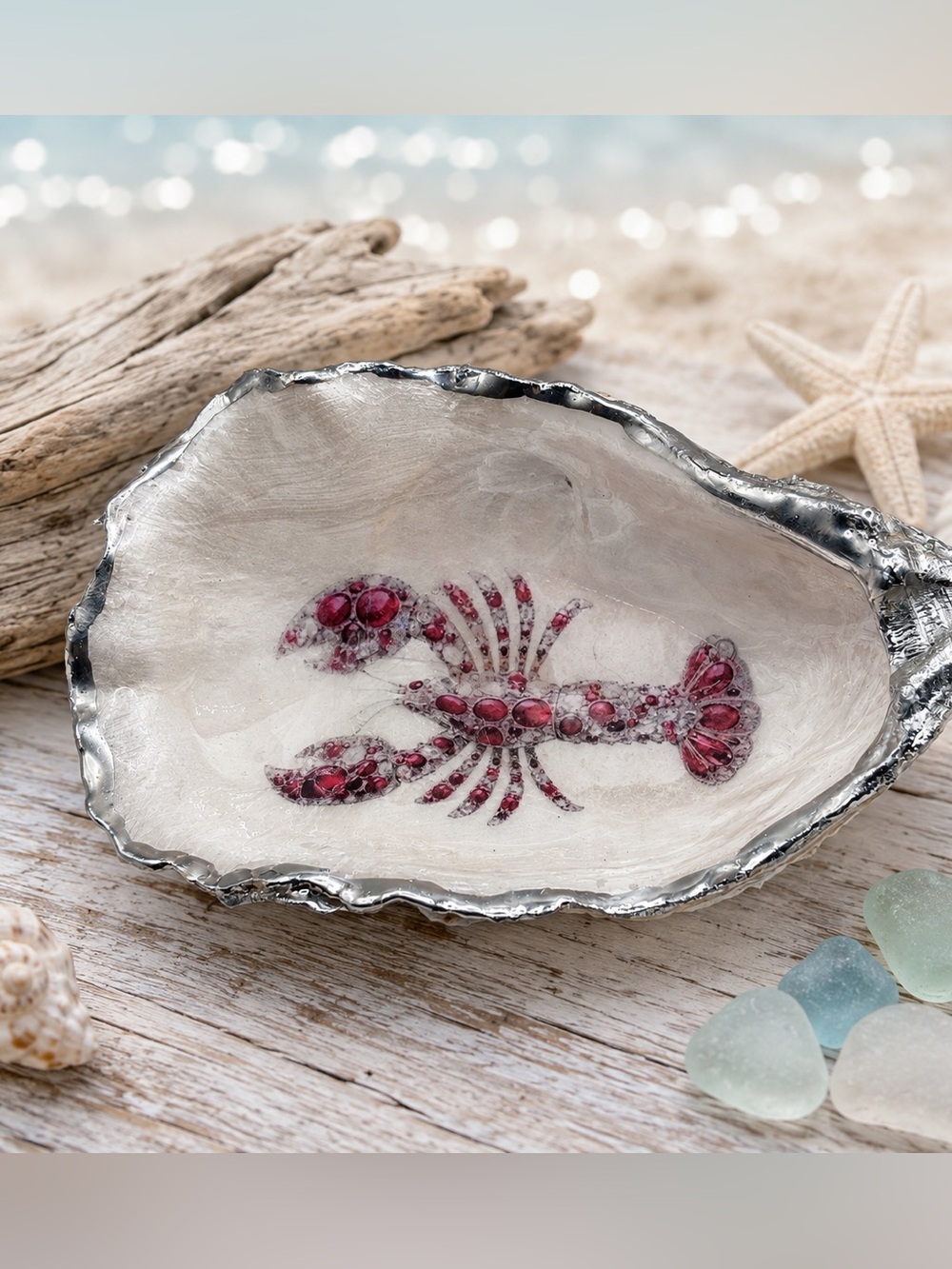 Decorative Oyster Shell Bowl with Pink Lobster Accent